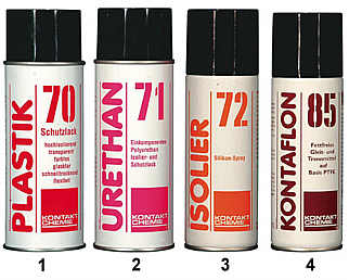 Sprays von CRC-Kontakt-Chemie: Plastik 70, Urethan 71, Isolier 72 und Kontaflon 85